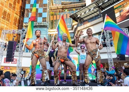 Pattaya, Thailand - February 15, 2020: A Part Of Colorful Of Lgbt Parade With People Wearing Rainbow