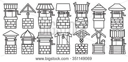 Water Well Vector Outline Set Icon.vector Illustration Wooden And Stones Wellspring On White Backgro