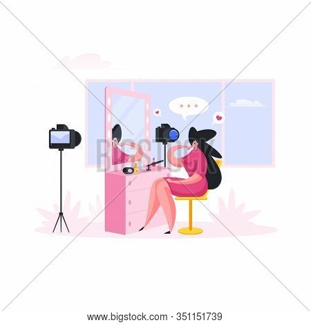 Woman Shooting Video For Beauty Blog. Flat Cartoon People Vector Illustration