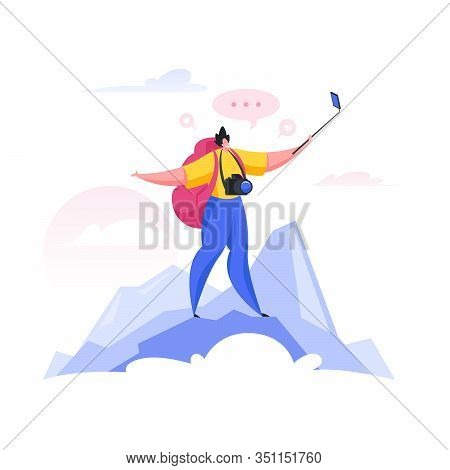 Traveler Shooting Video On Mountain Top. Flat Cartoon People Vector Illustration