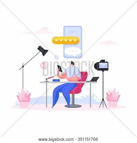 Male Blogger Reviewing Devices And Apps. Flat Cartoon People Vector Illustration