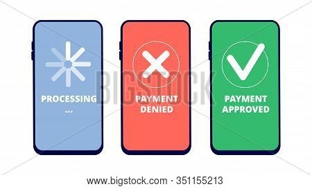Payment Transactions. Online Payment Approved, Denied And In Process On Smartphone Screen. Flat Mobi