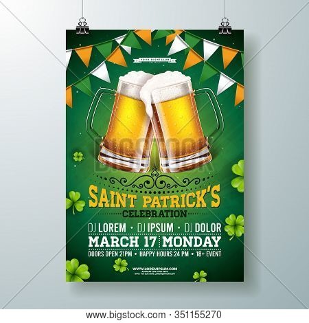 Saint Patricks Day Party Flyer Illustration With Beer, Flag And Clover On Green Background. Vector I