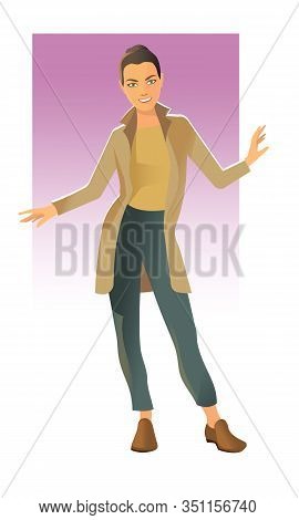 A Girl In A Full-length Cashmere Coat Stands Facing The Viewer.