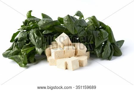 Fres Spinach And Chopped Cubes  Isolated On White Background