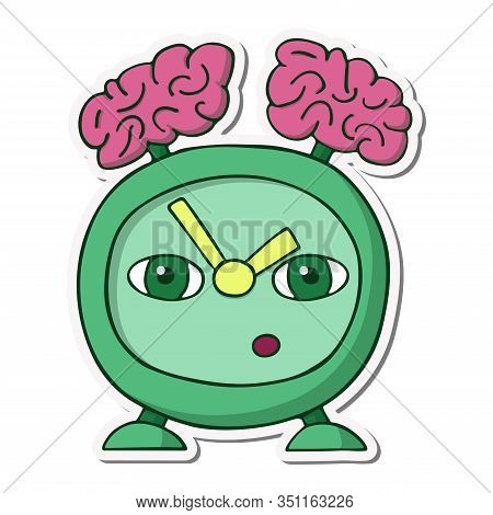 Green Old Alarm Clock With Brains On The Head Instead Of A Bell. Smart Watch. White Background Carto