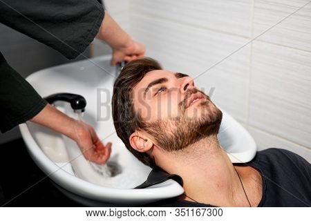 Woman Applying Shampoo Massaging Hair Customer Man Wash Hair In Beauty Salon Hairdresser Washing Hai