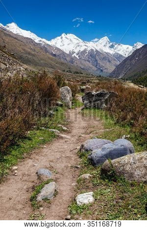Old trade route in Himalaya surrounded with stones to Tibet from Chitkul village from Sangla Valley. Himachal Pradesh, India
