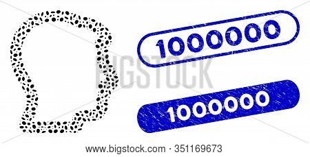 Mosaic Head Profile And Distressed Stamp Seals With 1000000 Text. Mosaic Vector Head Profile Is Desi