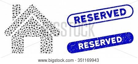 Mosaic House And Rubber Stamp Seals With Reserved Caption. Mosaic Vector House Is Created With Rando