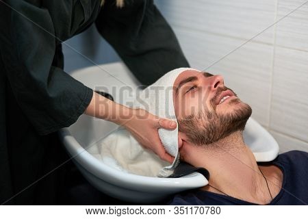 Woman Applying Shampoo Massaging Hair Customer Man Wash Hair In Beauty Salon Hairdresser Washing Hai