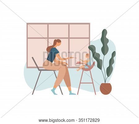 Mother Feeding Baby In Kitchen. Flat Vector Illustration