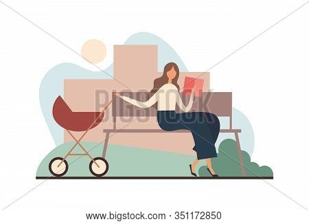 Mother With Book Rocking Stroller. Flat Vector Illustration