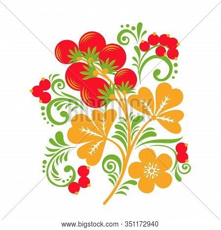Hohloma Vector Decor Element With Berries And Leaves Isolated On White Background.