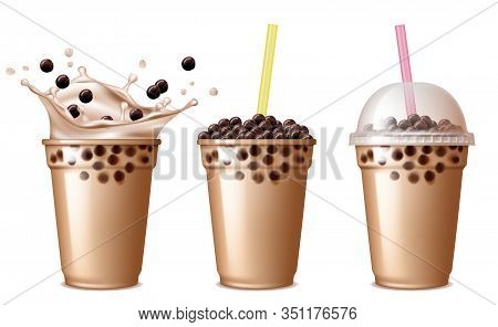 Bubble Tea Drink. Cold Tea With Milk Delicious Beverage Drinking Products Tapioca Splashing Liquid F