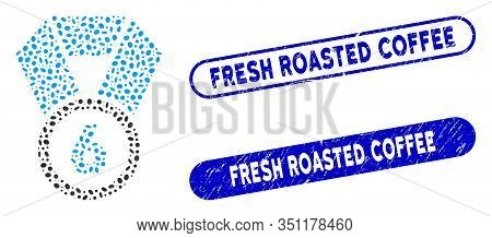 Mosaic 6th Place Medal And Rubber Stamp Seals With Fresh Roasted Coffee Caption. Mosaic Vector 6th P