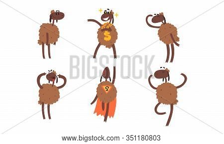 Funny Brown Sheep Collection, Humanised Farm Animal Cartoon Character In Various Poses And Situation