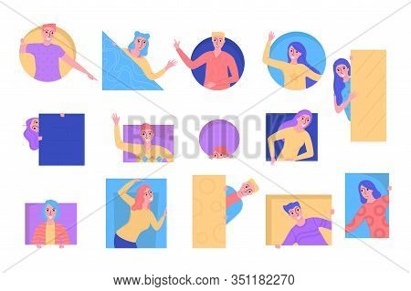 Curious People Peeping Set, Young Men And Women Looking Out Of Geometric Figures Vector Illustration