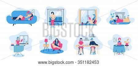 Reading Books People Character Set With Books In Poses Sitting, Lieyng Isolated Vector Illustration.
