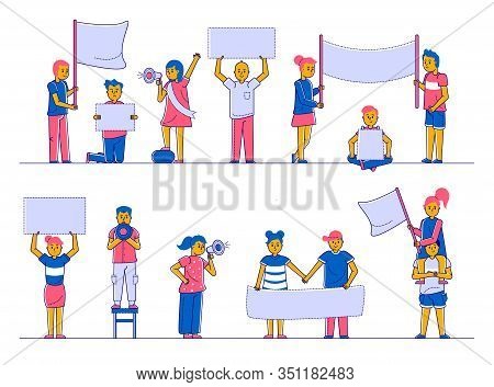 Protest People On Demonstration Crowd Holding Megaphones, Flags And Placards Collection Of Flat Isol
