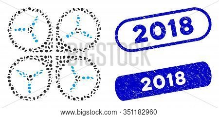 Mosaic Quadrotor And Corroded Stamp Seals With 2018 Phrase. Mosaic Vector Quadrotor Is Designed With