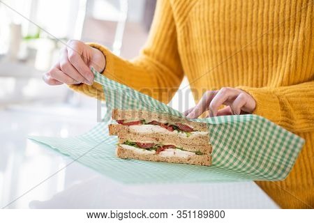 Close Up Of Woman Wrapping Sandwich In Reusable Environmentally Friendly Beeswax Wrap