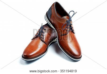 Borwn, Leather, Male Shoes Isolated On The White Background