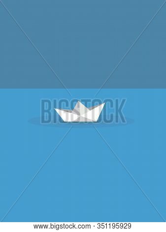 White Paper Boat In Blue Water With Blue Sky Background Illustration