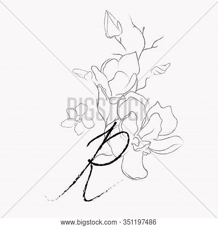 Handwritten Floral Logo Template. Line Drawing Monogram R With Magnolia Flower, Plants, Branches, Le