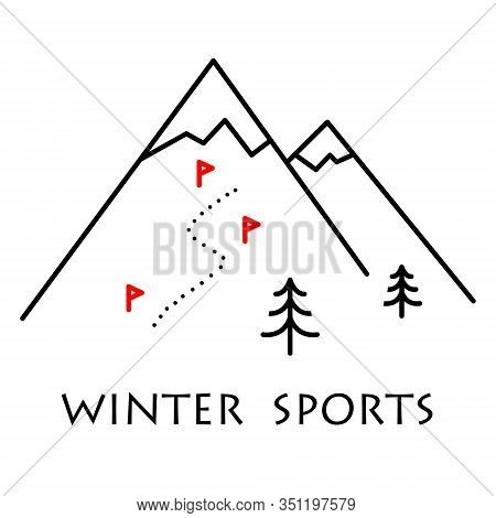 Winter Ski Resort, Route Infographic. Layers Of Mountain Landscape With Fir Forest. Skiing Trace Mar