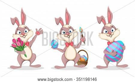 Happy Easter, Cute Bunny. Funny Cartoon Rabbit, Set Of Three Poses. Stock Vector Illustration On Whi