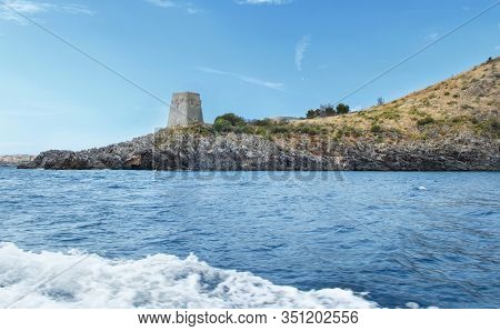 The Coast And The Saracen Tower Near Camerota From The Sea, Campania, Italy