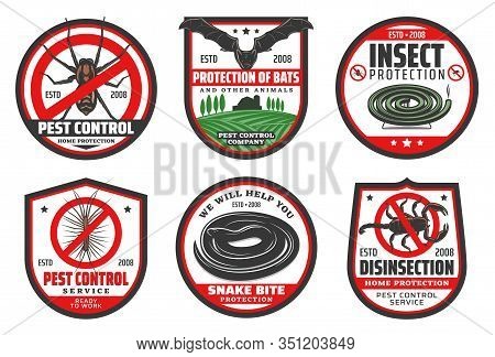 Pest Control Badges Of Desinsection And Insect Protection Vector Design. Mosquito, Fly And Flea, Coc