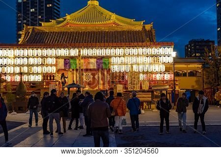 Tokyo, Japan - Jan 19, 2020: Shinobazunoike Bentendo Temple At Night Under The Light Of Lanterns.
