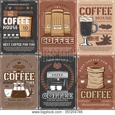 Coffee Cups, Beans And Espresso Machine, Coffee Pot, Takeaway Paper Mug Of Cappucinno Or Latte And V