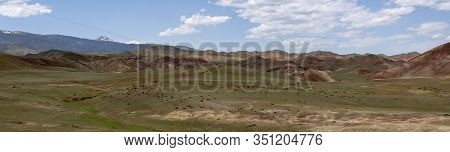 Panorama Of Colored Hills, Red And Green, Near The Aras River In Igdir, Turkey.