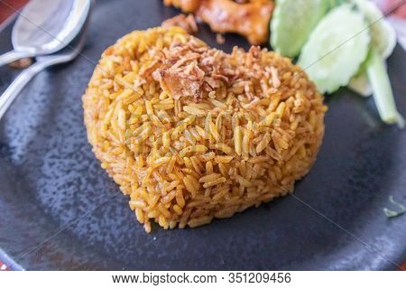 Close Up Of Biryani Rice With Goat On Dish Plate, In Satun Province Southern Of Thailand