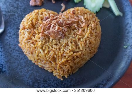 Close Up Of Biryani Rice With Goat On Dish Plate, In Satun Province Southern Of Thailand