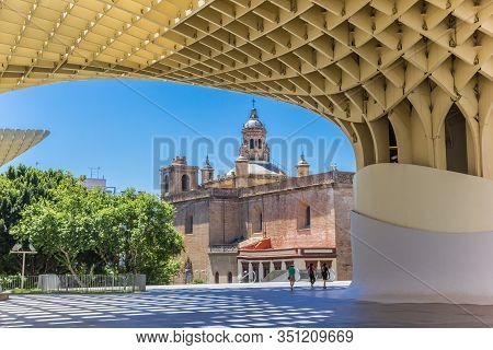 Sevilla, Spain - May 14, 2019: Setas De Sevilla And Anunciacion Church In Sevilla, Spain
