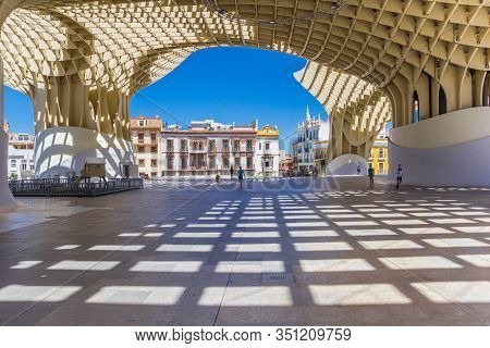 Sevilla, Spain - May 14, 2019: Checkerboard Pattern On The Floor Of The Setas De Sevilla In Spain