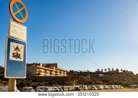 No Camping Sign And Many Camper Cars On Parking Area, Bolnuevo, Murcia Spain. Signs And Prohibition 