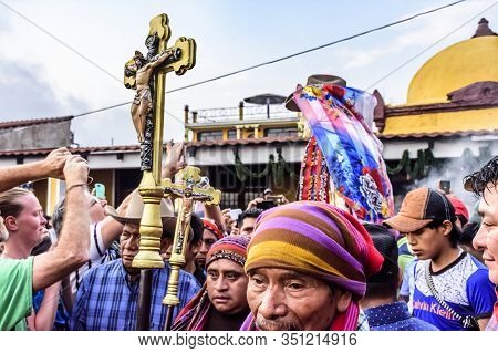 Santiago Atitlan, Guatemala -  April 19, 2019: Crucified Jesus & Mayan Deity & Folk Saint Called Max