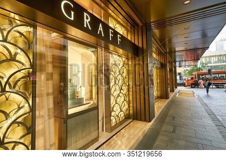 HONG KONG, CHINA - CIRCA JANUARY, 2019: display window at Graff store in Hong Kong. Graff is a British multinational jeweller based in London.
