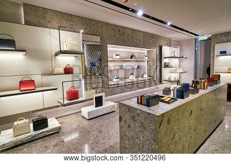 HONG KONG, CHINA - JANUARY 22, 2019: bags on display at Valextra store at ifc mall in Hong Kong. Valextra is a brand of luxury leather goods and accessories based in Milan, Italy.