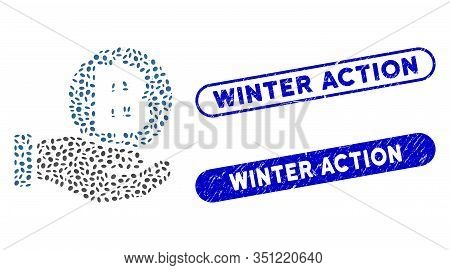 Mosaic Baht Coin Payment Hand And Grunge Stamp Seals With Winter Action Text. Mosaic Vector Baht Coi
