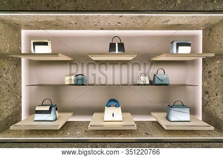 HONG KONG, CHINA - JANUARY 22, 2019: bags on display at Valextra store at ifc mall in Hong Kong. Valextra is a brand of luxury leather goods and accessories based in Milan, Italy.