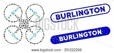 Mosaic Nanocopter And Grunge Stamp Seals With Burlington Text. Mosaic Vector Nanocopter Is Created W