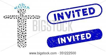 Mosaic Gentleman Scarescrow And Grunge Stamp Seals With Invited Text. Mosaic Vector Gentleman Scares
