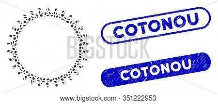 Mosaic Tooth Gear And Grunge Stamp Seals With Cotonou Caption. Mosaic Vector Tooth Gear Is Created W
