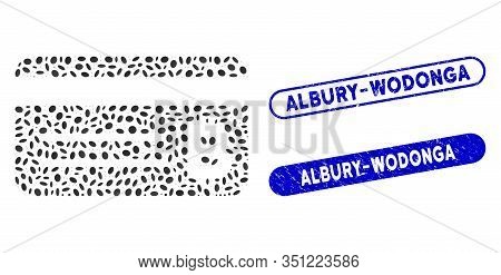 Mosaic Bitcoin Banking Card And Corroded Stamp Seals With Albury-wodonga Caption. Mosaic Vector Bitc